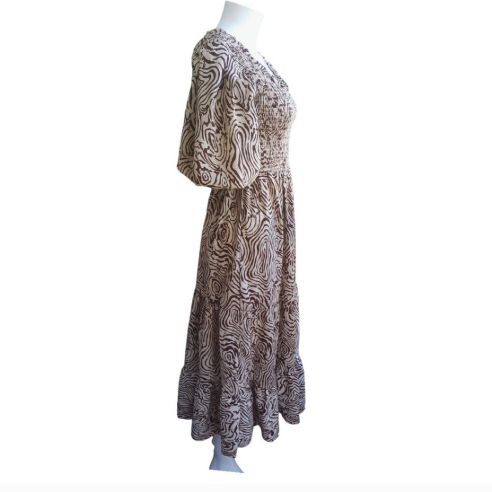 Anthropologie Moon River Smocked Puff Sleeve Midi Dress in Chocolate Swirl Print - Picture 9 of 11